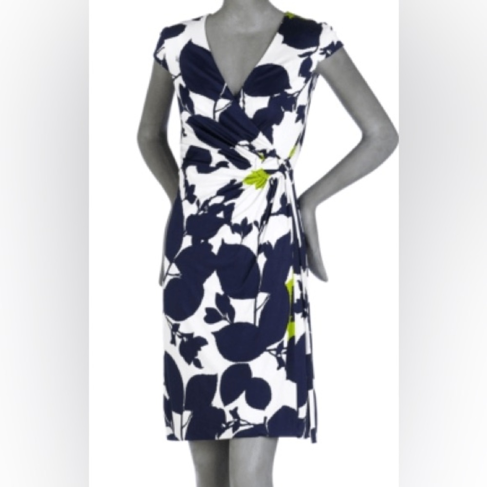 Trina Turk White Navy Floral Wrap Dress with Lime Accents